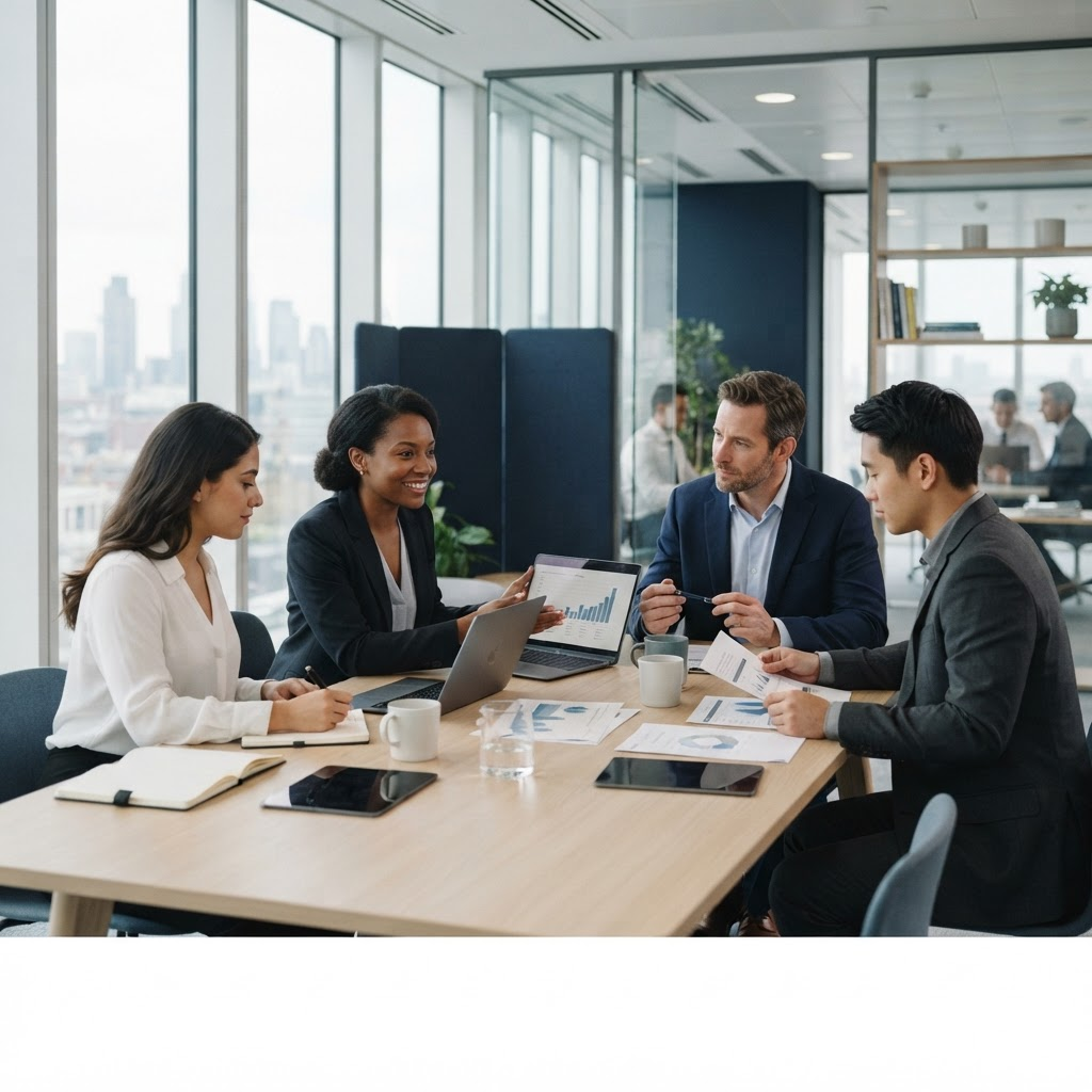 Equipo de consultores financieros de Mebasa colaborando en la oficina