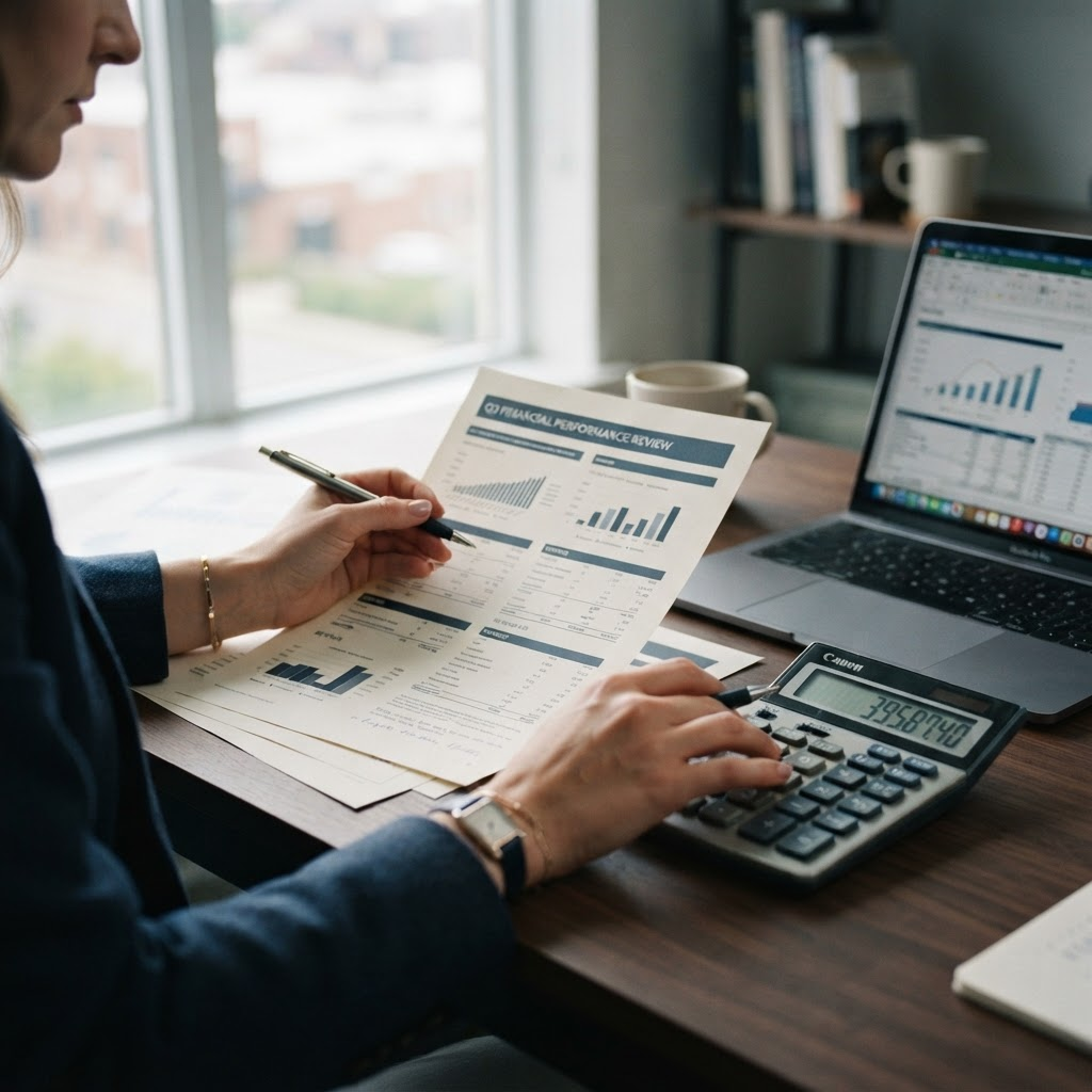 Profesional de Mebasa analizando estados financieros con calculadora